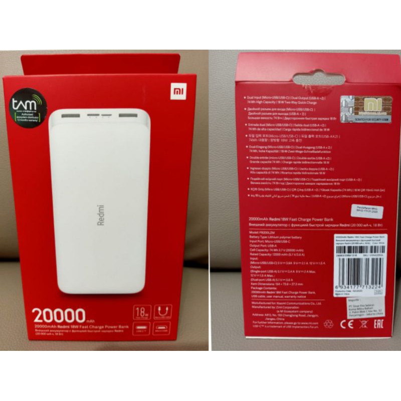 Xiaomi Powerbank 20.000 mAh Redmi Fast Charging Original Garansi Resmi TAM 18W Power Bank