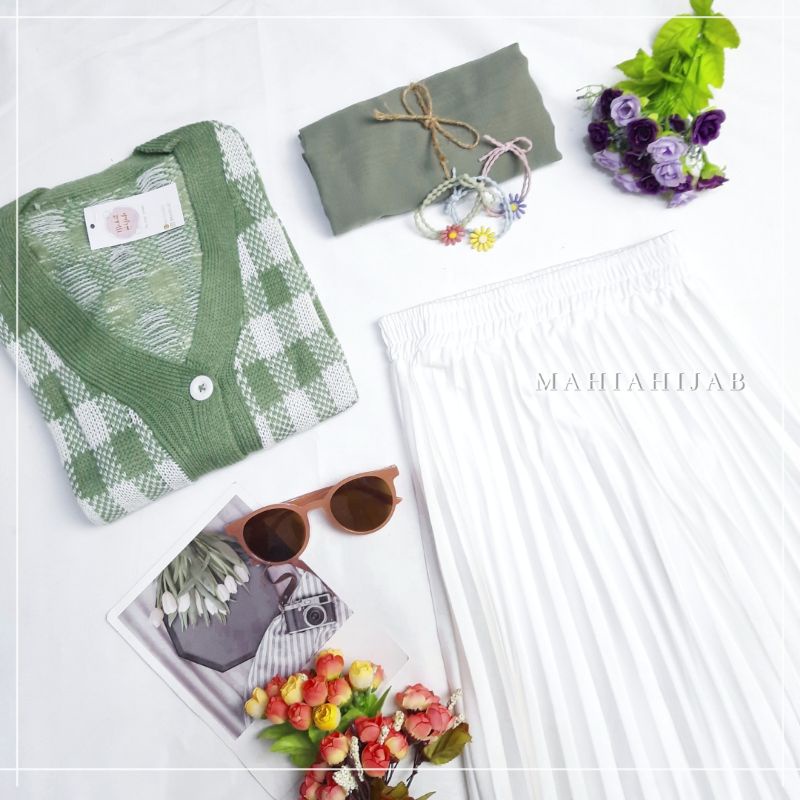 4in1 Setelan lengkap Yeji Cardi ( Cardi + Rok Plisket + Hijab Bella ) OUTFIT RAJUT  Korean Style , SETELAN LENGKAP