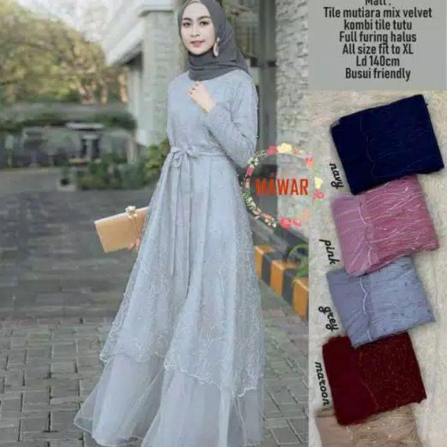 COD Aldine Baju Gamis Brukat Tile Remaja Dewasa Seragam Pesta Wanita Muslim - Size M L XL XXL Jumbo (SABRINA)-Grey