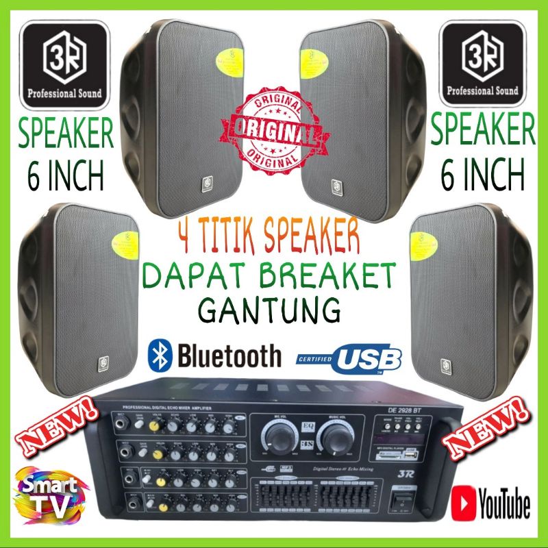 Paket Audio Pro Speaker 6 Inch 4 Titik Cafe,Restoran,Klinik,Kantoran Ampli Bluetooth Connect Smart tv