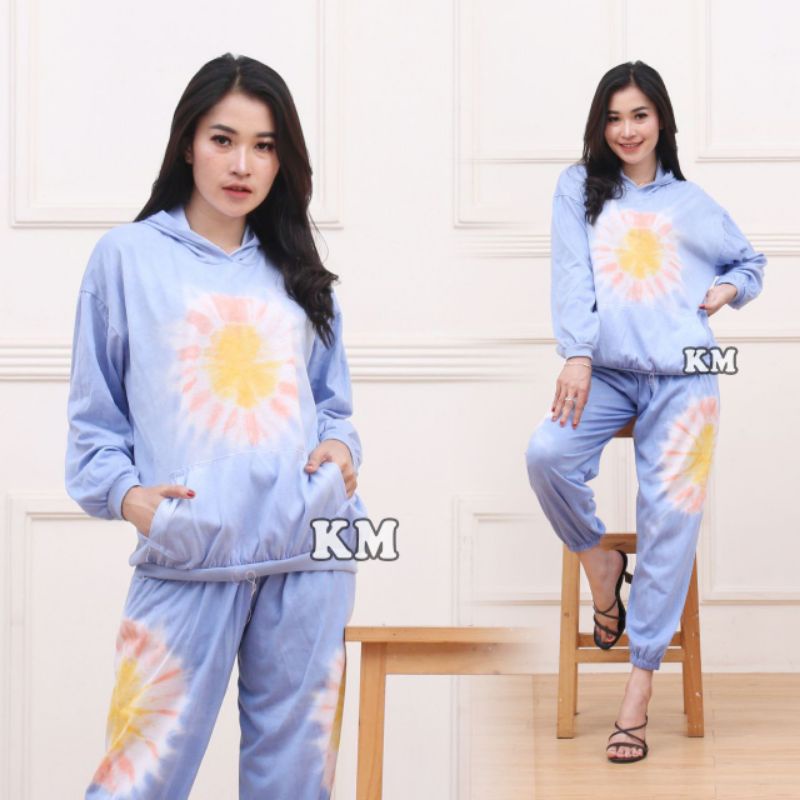 Setelan CP Sweater Hoodie Tiedye Set Celana Joger One Set Tiedye Fashion Baju Wanita Kekinian-Hodie mentari Biru