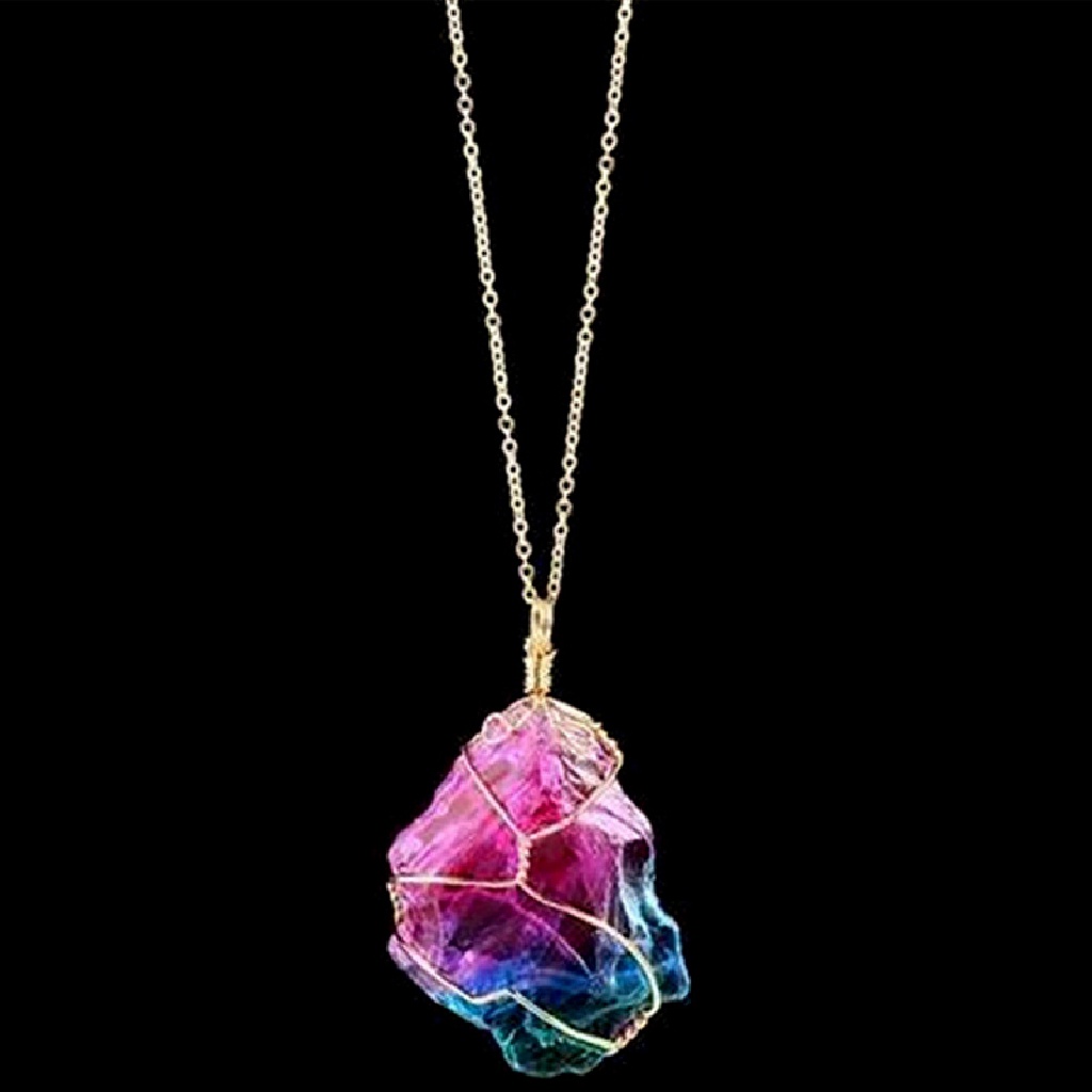 (AdornmentNo1) Kalung Rantai Dengan Liontin Batu Kristal Chakra Rock Warna Pelangi Untuk Wanita