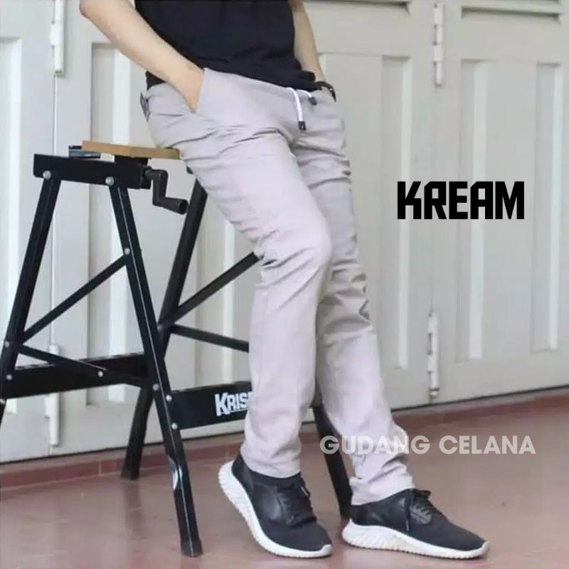 Celana chinos panjang rip pinggang karet polos pria premium quality