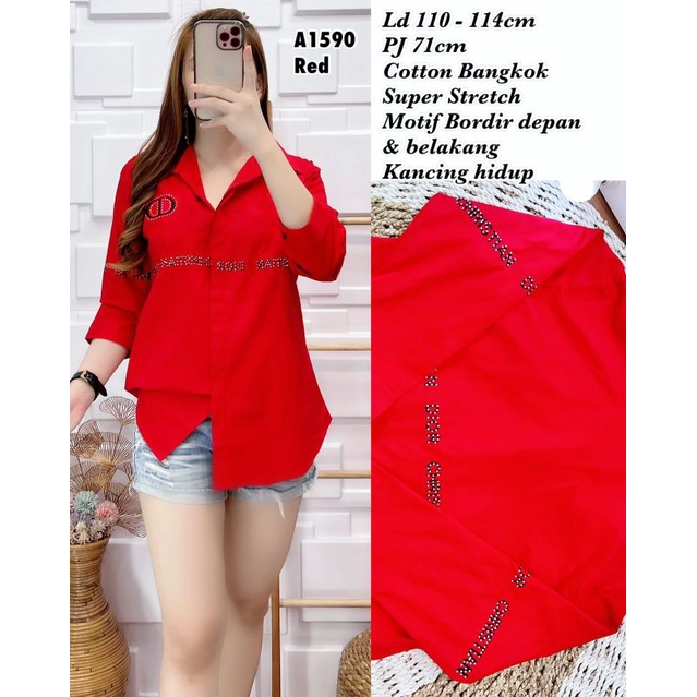 A1590 Atasan Kemeja Cotton Strech Bangkok Motif Bordir Mote Christian Dior Lengan Panjang Import