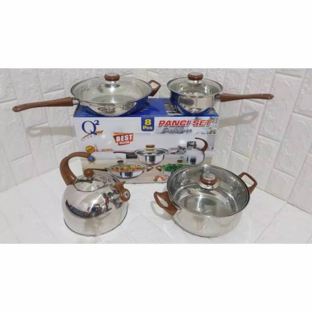 Panci Set Q2 8 pcs 7208 TL Serbaguna Stainless Steel Anti Lengket Cookware Set Terbaik