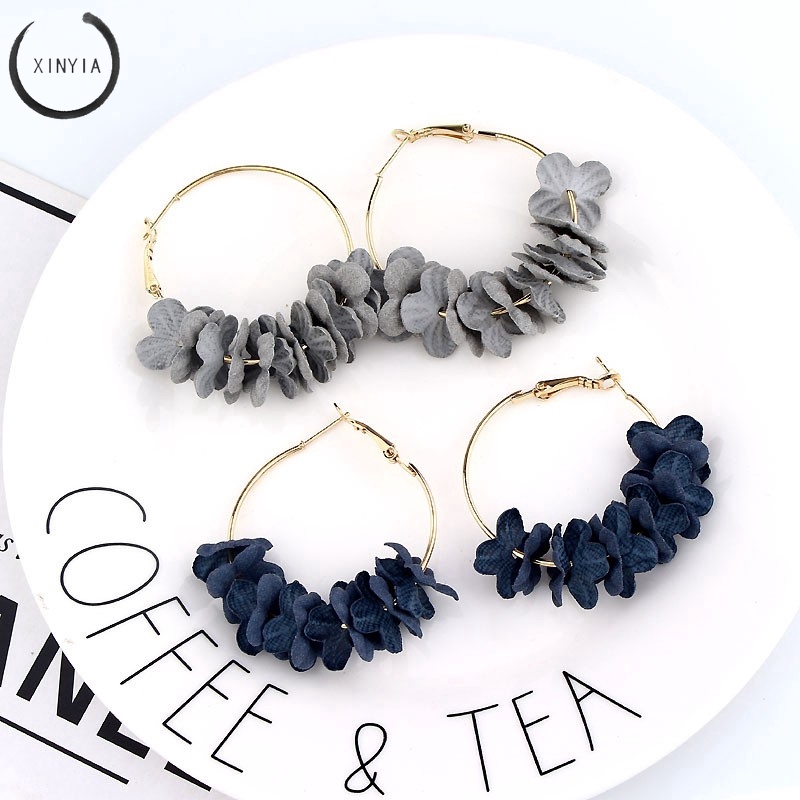 Anting korea Temperament Women's Fabric Flower Flash Anting Panjang