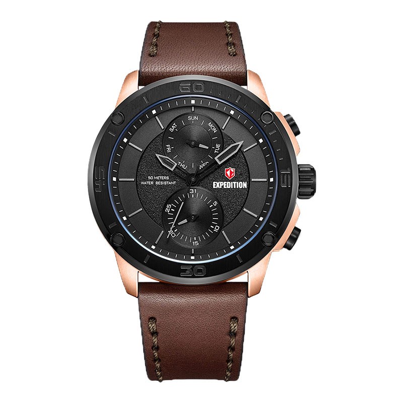 Jam Tangan Pria Expedition E 6821 MF LBRBA Chronograph Black Dial Brown Leather Strap