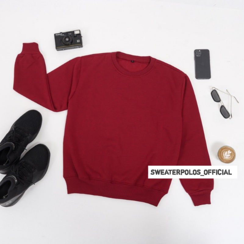 { PREMIUM QUALITY } Basic Sweater Polos Crewneck Pria Wanita / Sweater Crewneck Pria /  Outwear / Sweatshirt / COD / Fleece-CN MAROON
