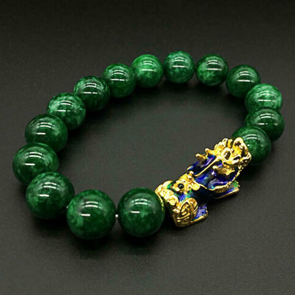 Lucky Feng Shui Mantra Amulet Obsidian Carved Pixiu Green Bracelet Jewelry