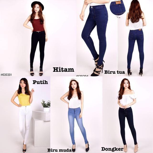 5 warna - Celana Jeans Panjang HW Highwaist Wanita Cewek Skinny biru hitam putih navy merk jeans
