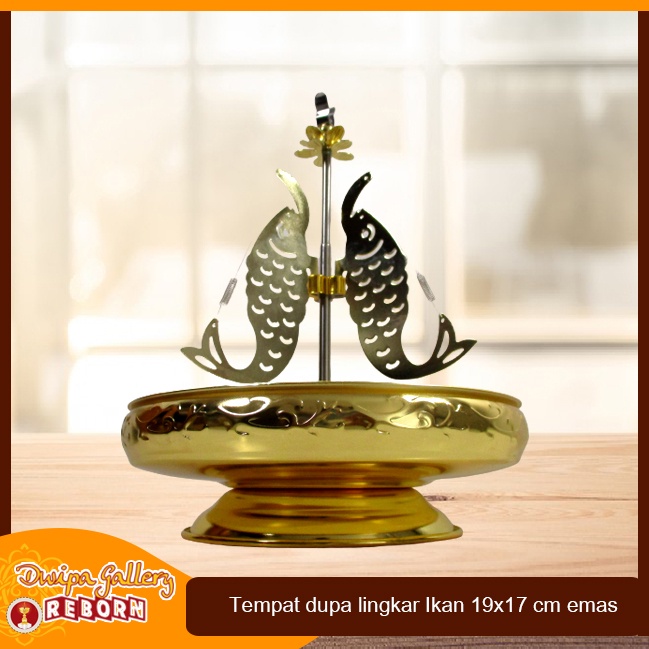 Tempat Dupa Hio Lingkar 24 Jam Kuningan Import Motif Ikan Mas 19x17cm