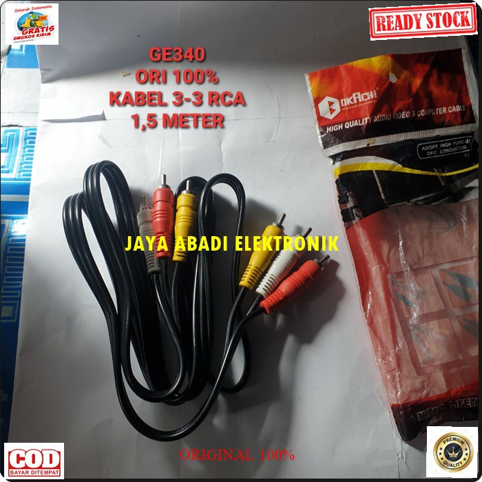 G340 ORIGINAL kabel rca audio video 1,5 meter sound suara tv dvd stereo jek jack sambungan elektronik elektrik monitor speaker spk musik DLL multi fungsi universal G340  KABEL RCA AUDIO VIDEO 3 - 3 kuning merah biru * Penyambungan Kabel Multifungsi Audio.