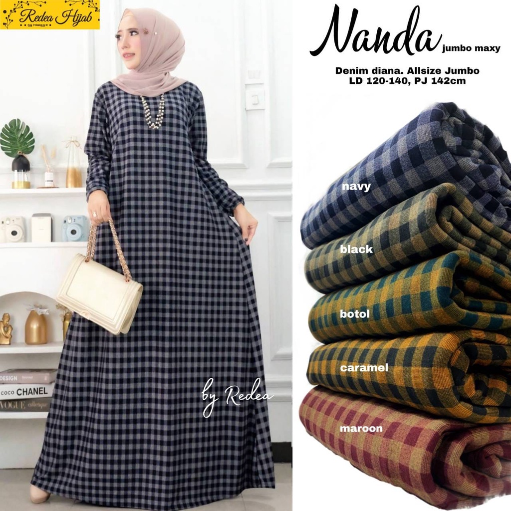 Baju Gamis Pesta Big Size Muslim Motif Kotak Kotak Wanita Harian Kekinian Terbaru 2022 Denim Diana J