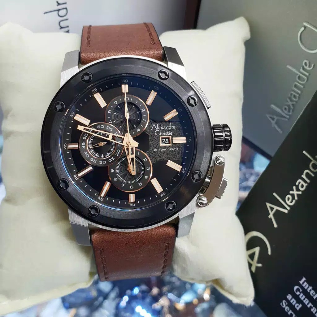 AC alexandre Christie 6519 M pria original tali kulit coklat depan hitam