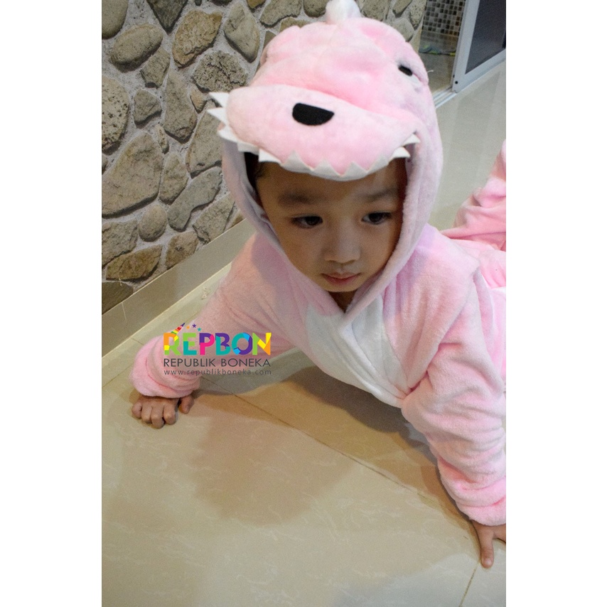 KOSTUM ONESIE DINO DINOSAURUS PINK COSPLAY PIYAMA ANAK