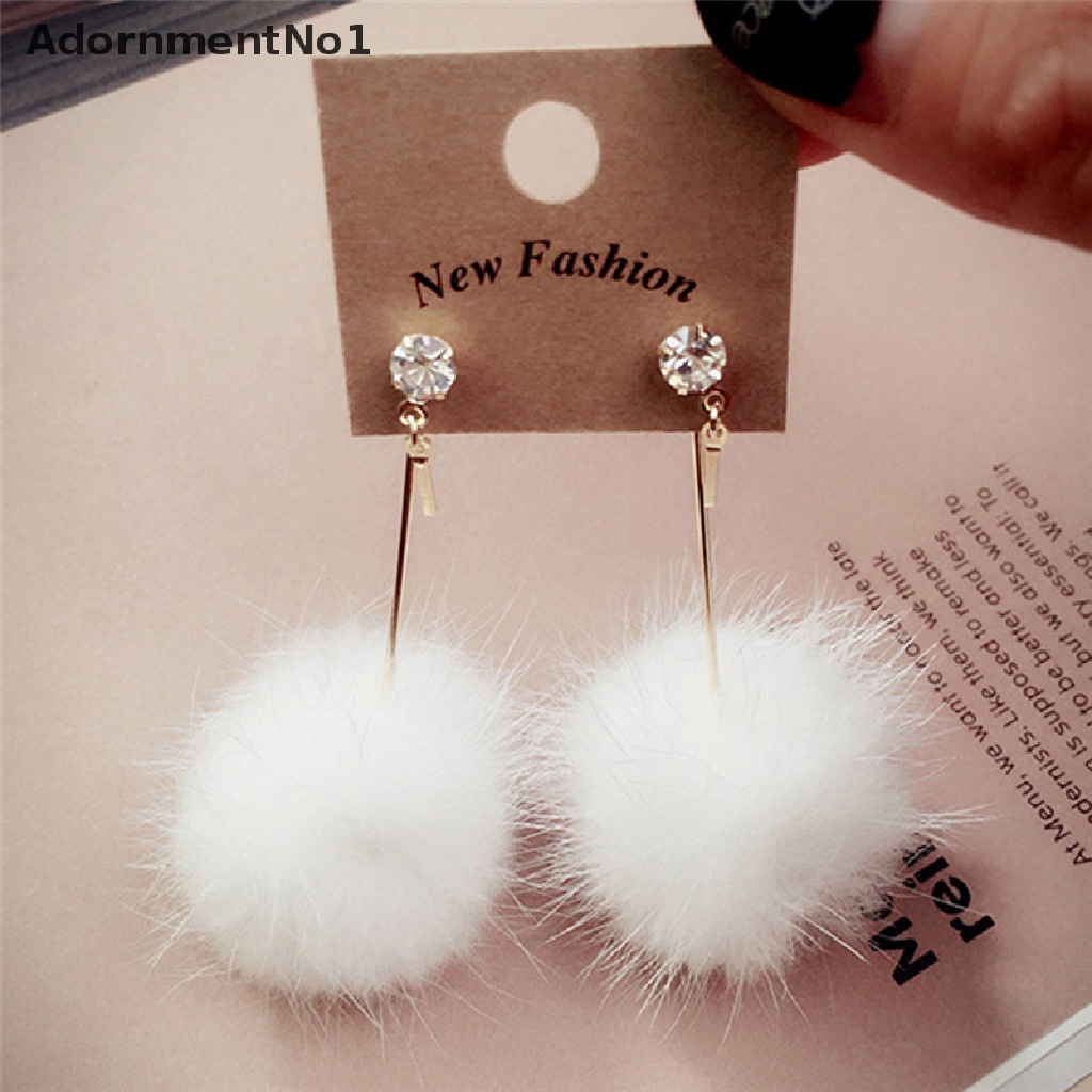 (AdornmentNo1) Anting Tusuk Gantung Panjang Desain Bola Pompom Bulu Lembut Untuk Wanita