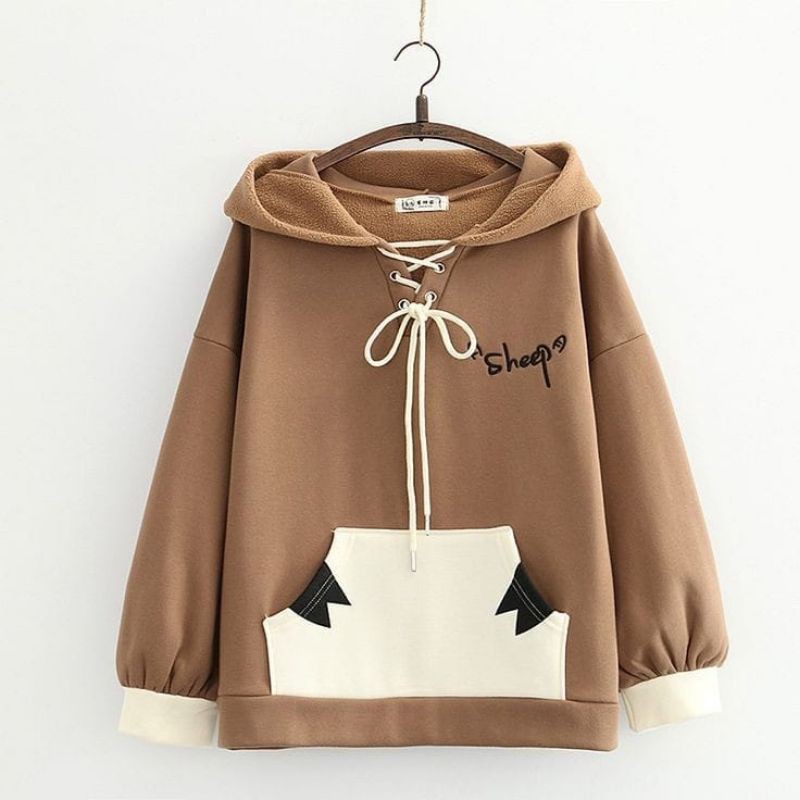 SHEEP SWEATER HOODIE WANITA OVERSIZE FLEECE TEBAL - SWEATER KOREAN STYLE