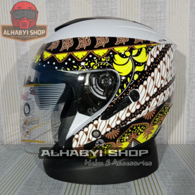 HELM G2 OPTIMAX MOTIF BATIK WHITE YELLOW | DOUBLE VISOR | HELM SNI