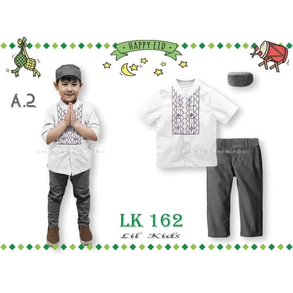 LK162 A2 Besar Baju Muslim Koko Pendek Anak Import Lebaran Peci Putih