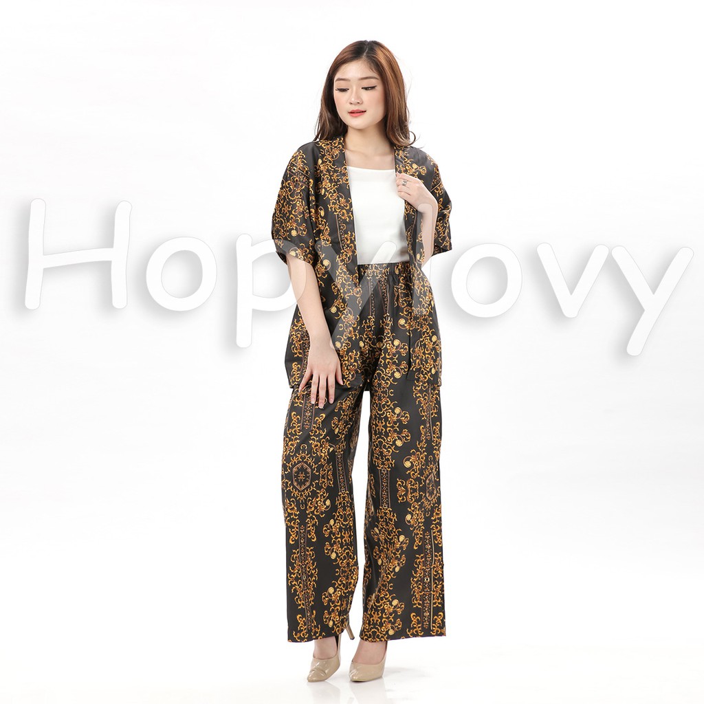 HOPYLOVY - Outer Setelan Wanita Motif Batik Bahan Katun Jepang Nilam