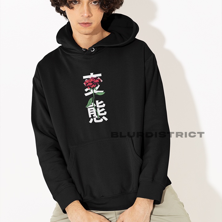 BlurDistrict Hoodie ROSE KANJI Hoody Anime Sweater Distro Pria dan Wanita Kain Fleece Tema Mawar Jep