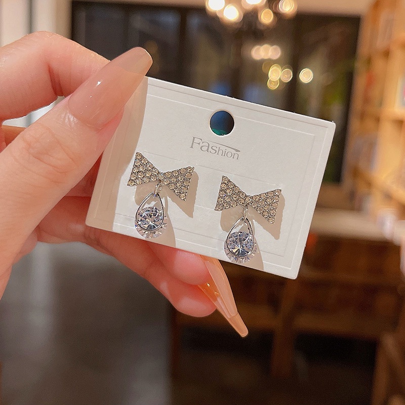 Anting Tusuk Gantung Bahan Sterling silver 925 Desain Pita Hias Zircon Gaya Mewah Untuk Wanita