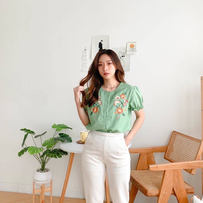 BEZZY TOP BAJU ATASAN BLOUSE WANITA LENGAN PENDEK BAHAN KATUN COTTON RAMI BUNGA DARK BLUE YELLOW TOSCA GREEN FUCHSIA SHOCKING PINK-4