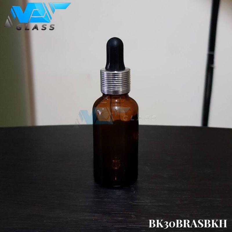 botol kaca pipet 30ml amber / coklat tebal - ring almunium silver bergaris