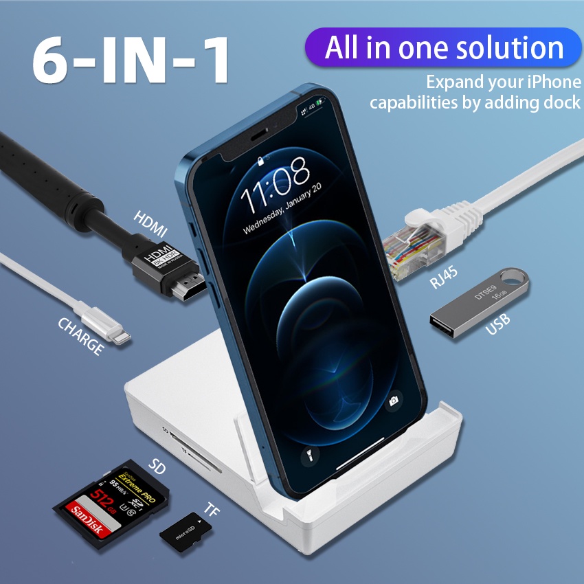 FEINODI Docking Station Lightning OTG Card Reader Adapter USB Rj45 Connector HDMI 4K AV HUB Dock