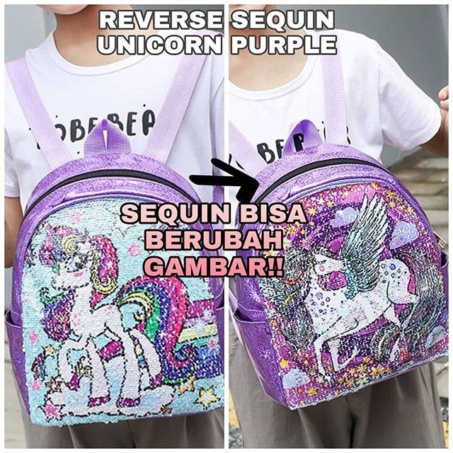 32001/2 UNICORN SEQUIN BAG / RANSEL SEKOLAH ANAK / TAS UNICORN BLING IMPORT KOREA MURAH GOLD SILVER