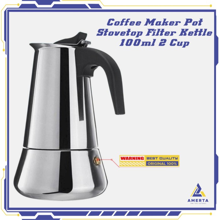 Espresso Coffee Maker OneTwoCups Moka Pot Teko Stovetop Filter 100ml