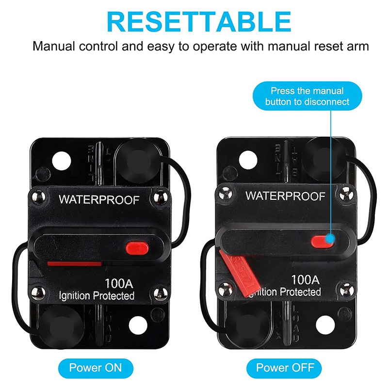 Waterproof Circuit Breaker,With Manual Reset,12V-48V DC,100A,for Car Marine Trolling Motors Boat Power Protect