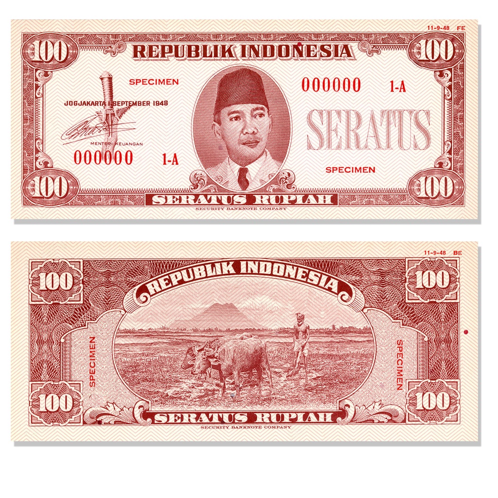 Uang 100 Rupiah Sukarno specimen tahun 1948 edisi Djogjakarta souvenir replika repro