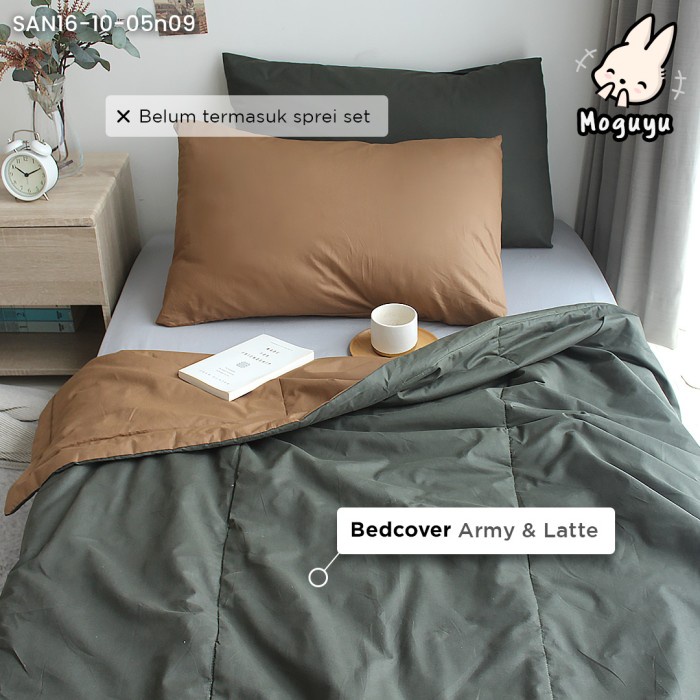 Bedcover Tipis Selimut Full Katun Single Moguyu Duo Army Latte
