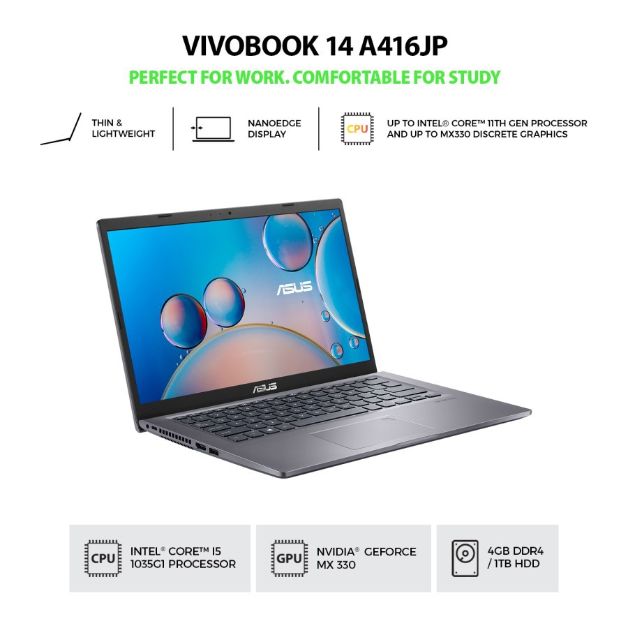 ASUS A416JP-EK5121TS [I5-1035G1 8GB 1TB+256GB MX330 14"FHD W10+OHS] - Silver