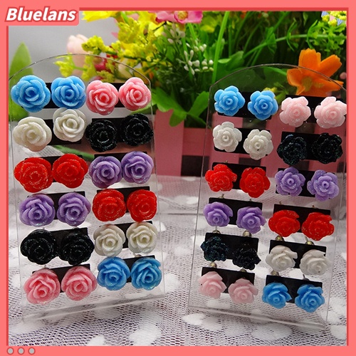 Bluelans 12 Pairs Women Fashion Rose Flower Mixed Color Flower Ear Stud Earring