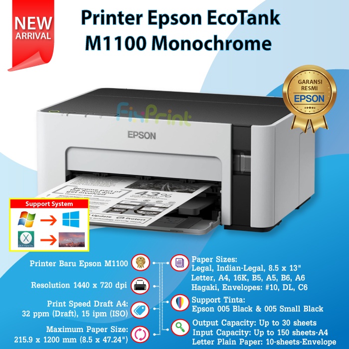 Printer Epson M1100 Monochrome Hitam Putih InkTank M-1100 Tinta 005 Original C13T0