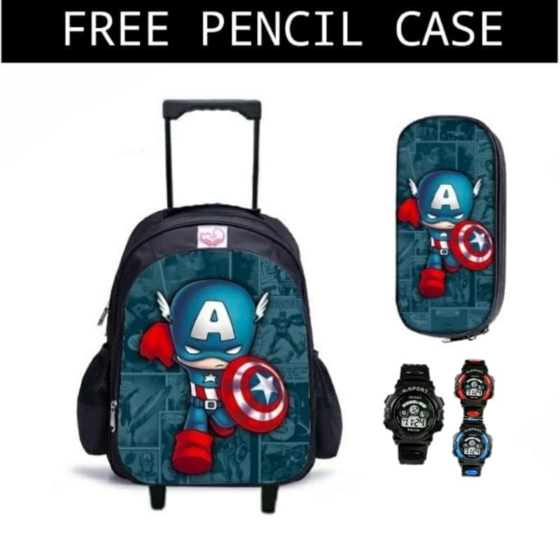 Troly Ransel Roda Avengers bonus Jam g-sock digital Tas Ransel Troly anak sekolah