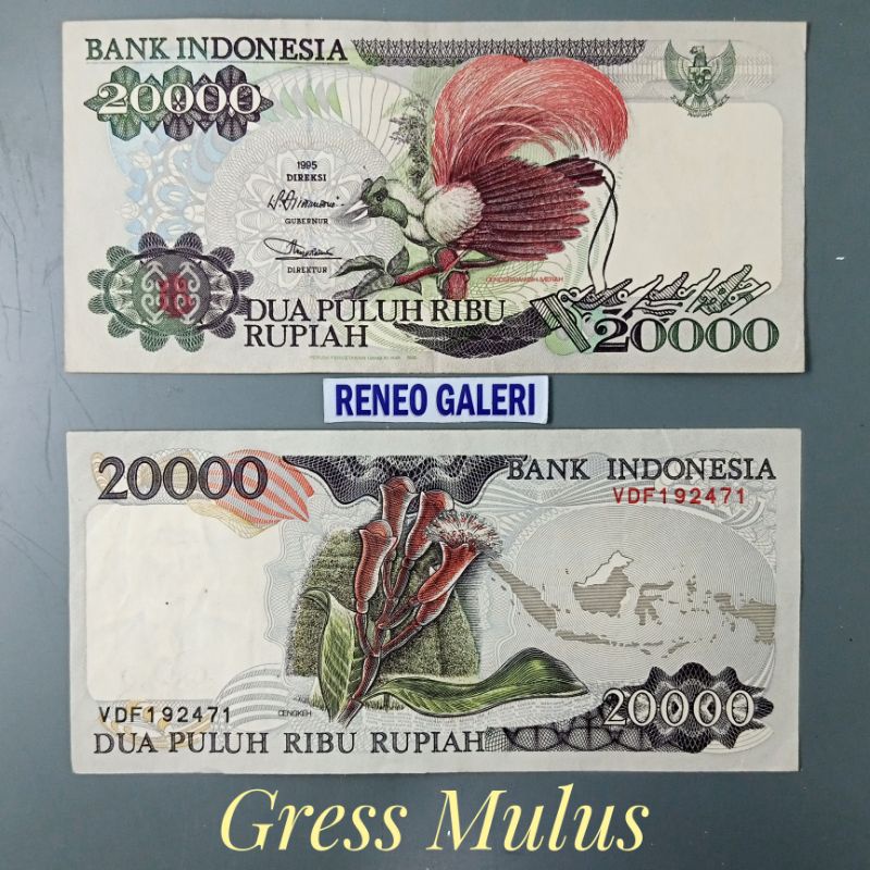 Mulus Asli 20.000 Rupiah Cendrawasih Tahun 1992 1995 Rp 20000 Cengkeh Burung Uang kuno kertas Duit lama jadul lawas Indonesia Cengkeh Original