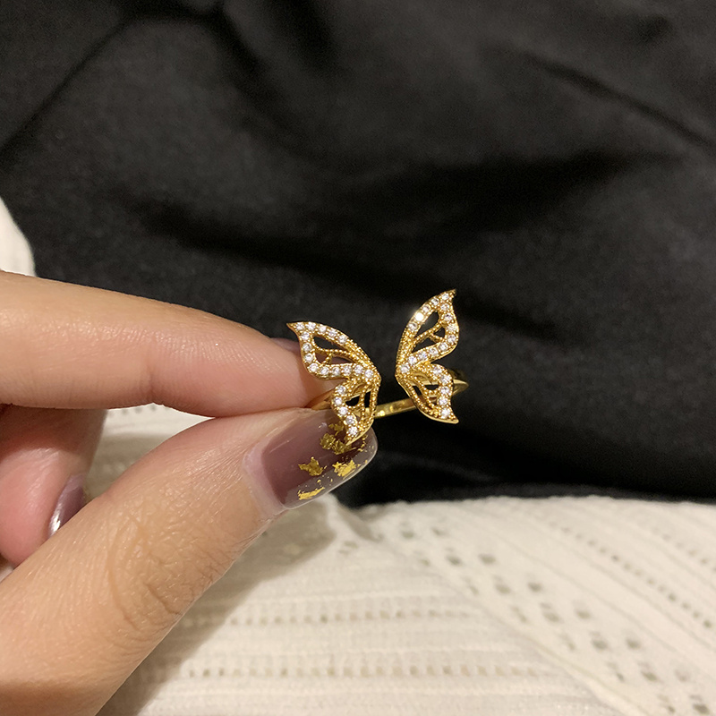 14K Gold-plated Sparkling Zirconium Diamond Butterfly Ring Open Ring Premium Adjustable Ring