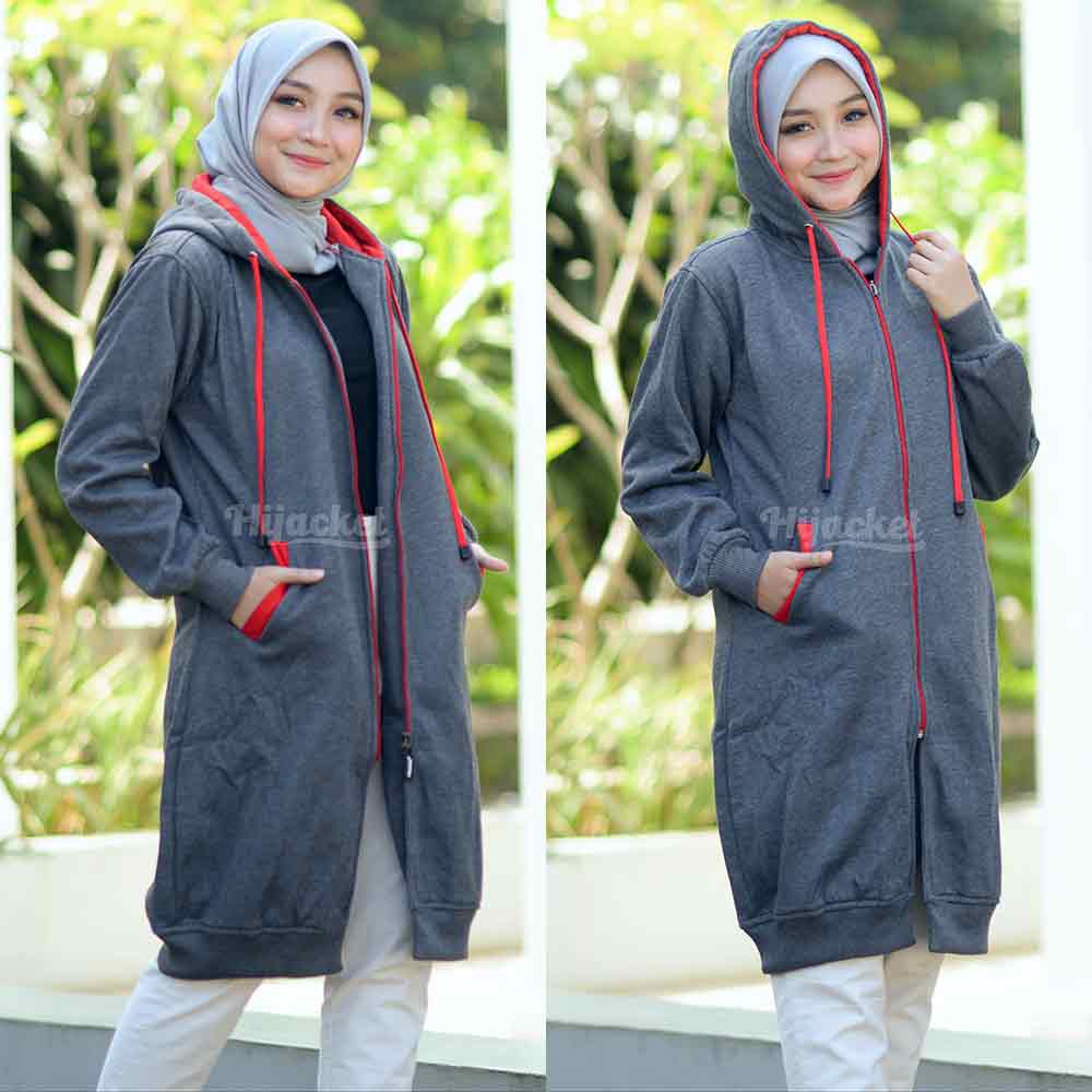 Jaket Jacket Polos Panjang Wanita Cewek Muslimah Hijabers Hoodie Kekinian Abu Tua Hijacket BC Misty-2