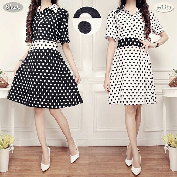 Baru at Dres PULKADOT terusan rok pendek celana pendek gaun pesta hitam putih navy wanita murah