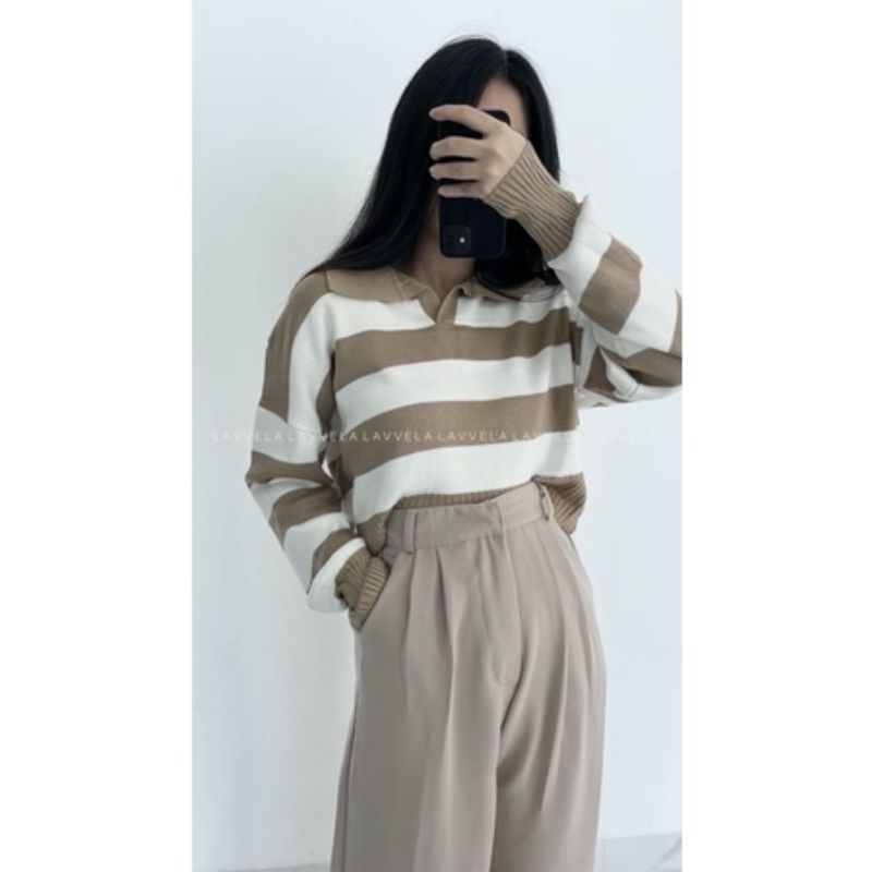 [BISA COD] Olivia Polo Strip Knit / Crop Top / Sweater Rajut Wanita / Atasan Wanita / Baju / Pakaian Wanita