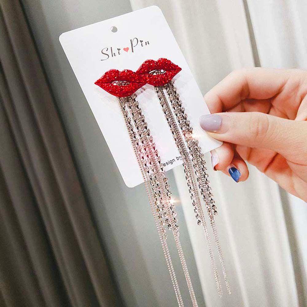 Needway Stud Earrings Pernikahan Mewah Fashion Aksesoris Mulut Berlian Imitasi Bibir Merah Kristal Menjuntai Earring