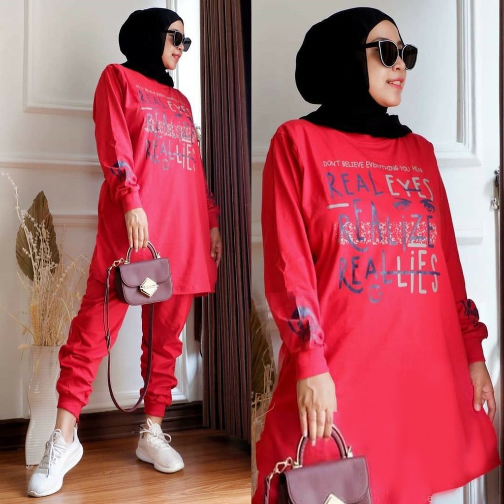 QUINNYSHOP-COD-BAJU STELAN WANITA JUMBO-SETELAN TUNIK DAN CELANA MUSLIM-STELAN OLAHRAGA WANITA JUMBO