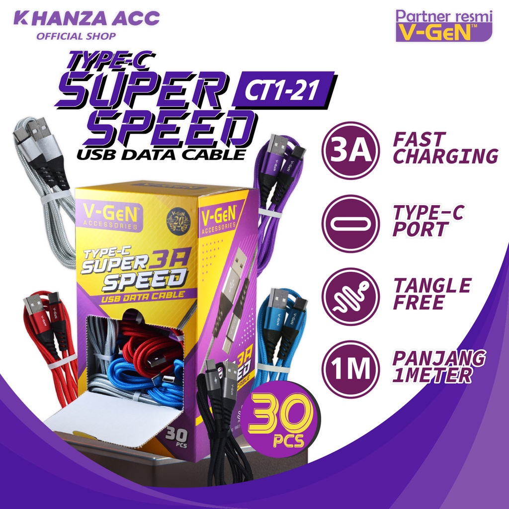 KHANZAACC VGEN CT1-21 Kabel Data Type C Fast Charging 3A 1 Box Isi 30 Pcs