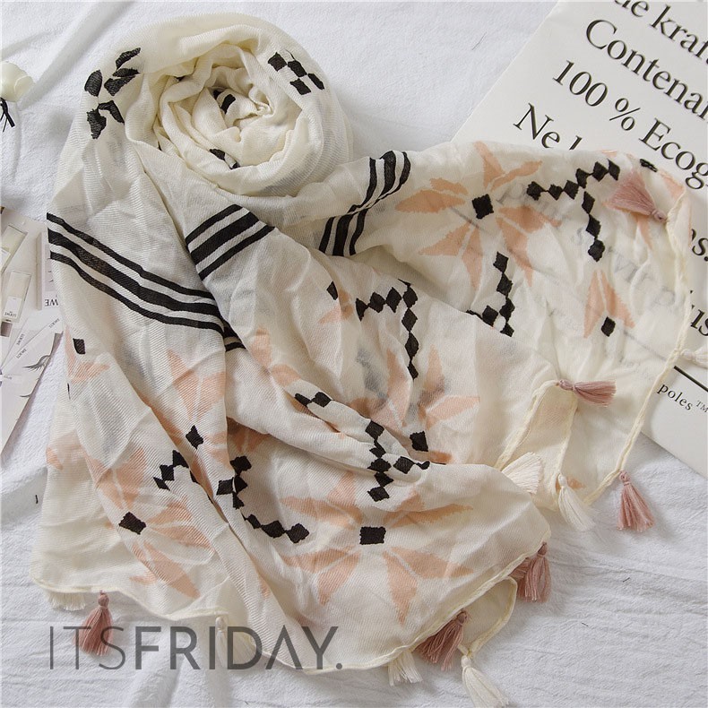 ITSFRIDAY MECCA Scarf - Premium Pashmina Shawl Selendang Syal Pasmina Hijab Import Motif Bunga Peach