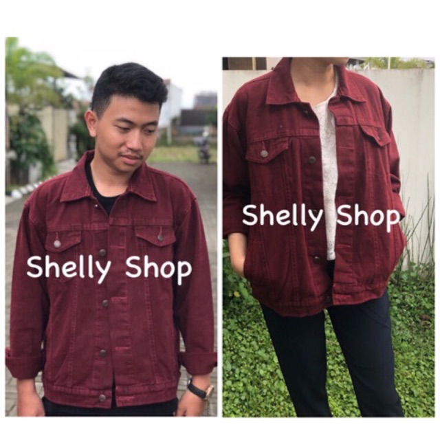 Jaket jeans oversize maroon big size jumbo