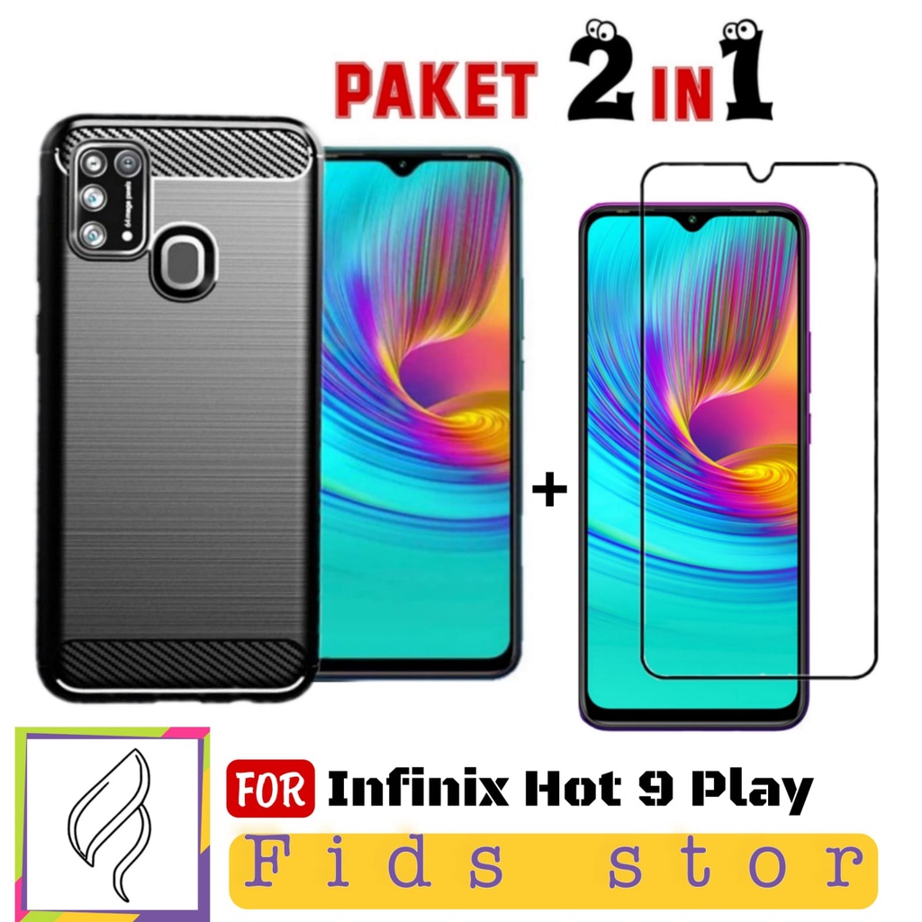 PROMO 2in1 Case Ipaky Carbon Fiber INFINIX Hot 9 Play Free TEMPERED GLASS Full Cover Black