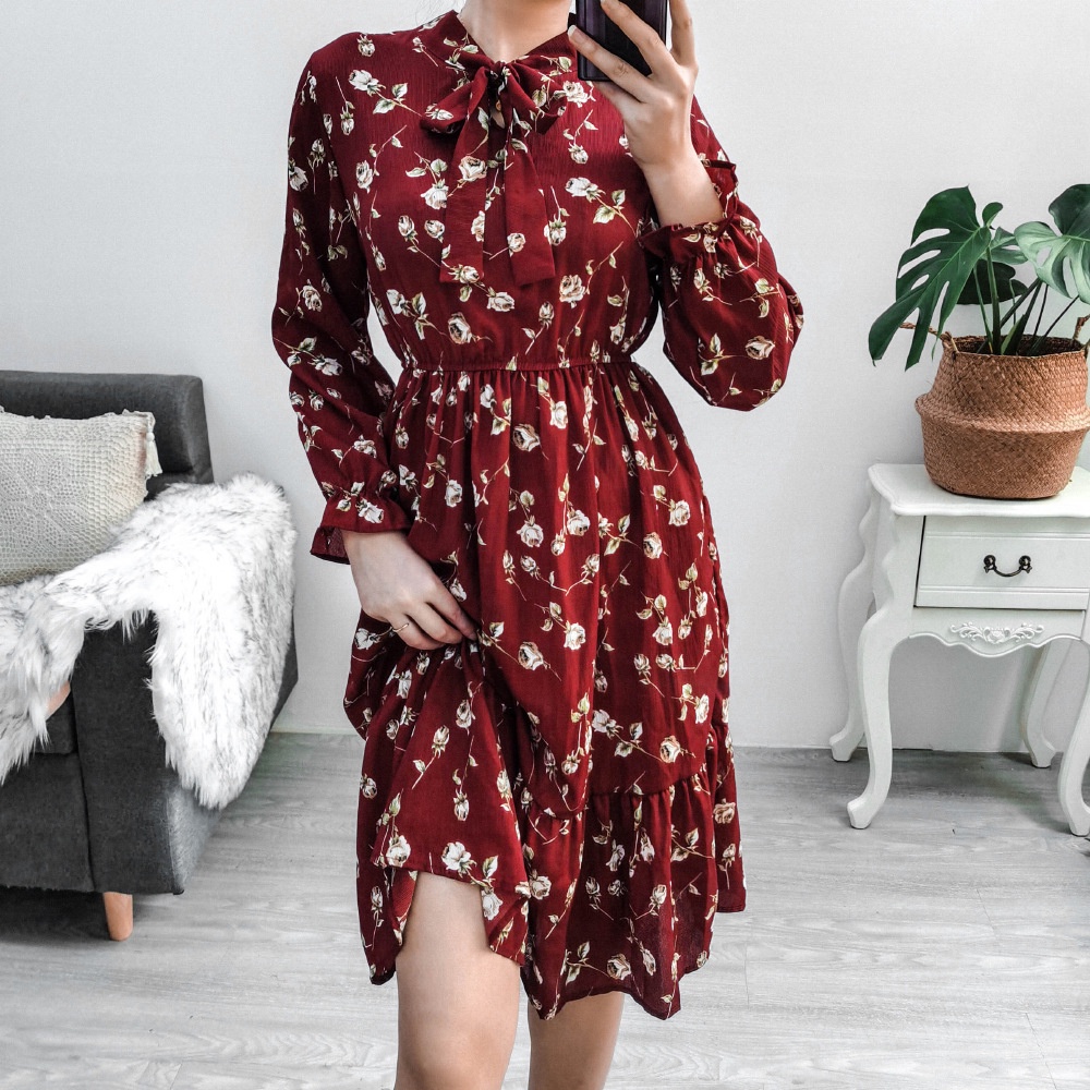 COD 2022 New Fashion Korea Red Blue Midi A-line Dress Merah Wanita Midi Dress Korea Lengan Panjang Muslimah Motif Bunga Panjang Gaun